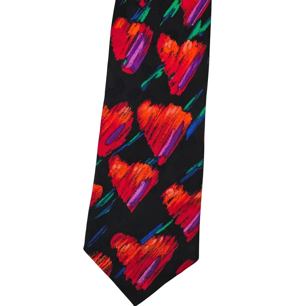 Addiction Silk Necktie Mens OS Black Red Abstract Heart Print Excellent Handmade